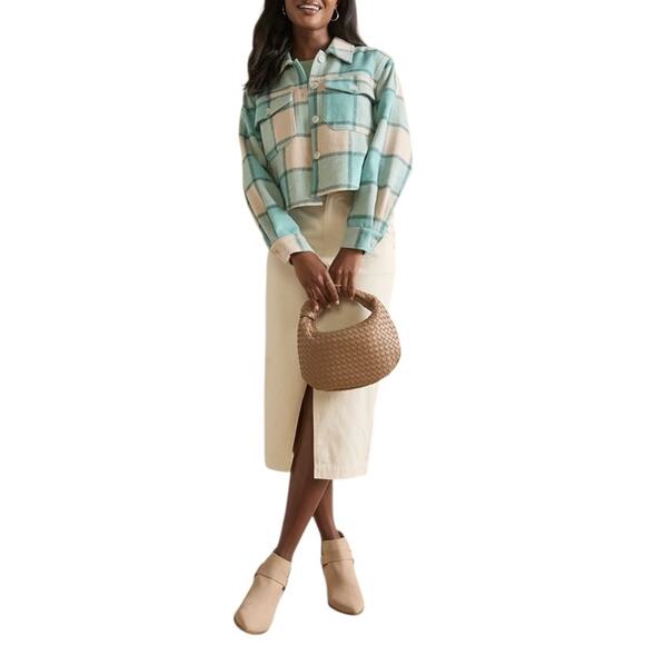 Mi ami Francesca Cropped Plaid Shacket Blue Cream Fall Winter Layering Jacket L - Picture 12 of 15
